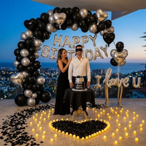 Black Silver Birthday Decorations for Men, Hotel Birthday Decorations for Him with LOVE Balloon, Happy Birthday Balloons, Black Rose Petals, Birthday Room Decor Anniversary Decor - Image 5