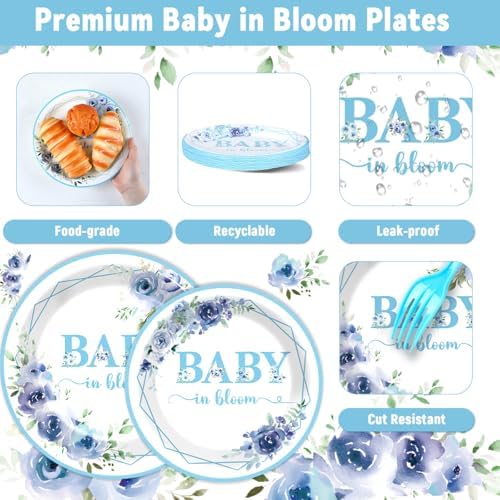 50 Guests Baby In Bloom Baby Shower Decoration Blue Flower Paper Plates Napkins Forks Spring Floral Theme Party Tableware Disposable Party Supplies Favor Plates For Boy Girl Birthday 200PCS - Image 3