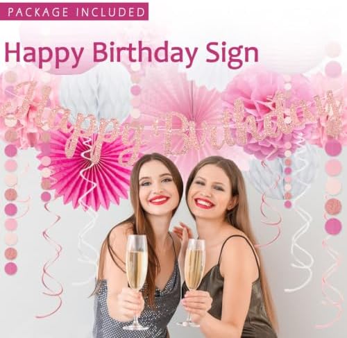 Pink White Birthday Decorations Women Girls, Happy Banner, Paper Lanterns Honeycomb, Tissue Flowers Pom Poms Fan, Light Pink Latex Balloon Pink Confetti Balloons for Birthday Party Décor - Image 2