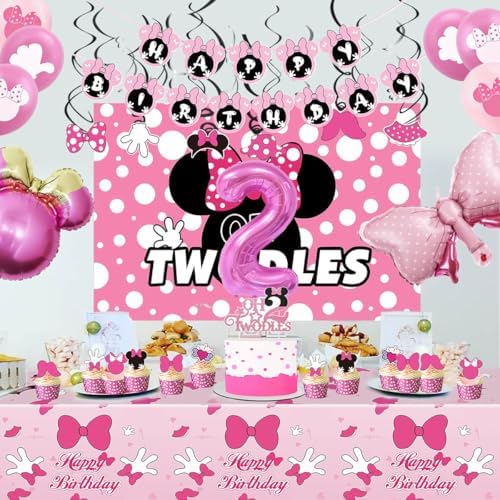 Pink Mouse 2nd Birthday Party Supplies Oh Twodles Girl Second Party Decorations Cartoon Mouse Theme Birthday Decorations Set - Image 4