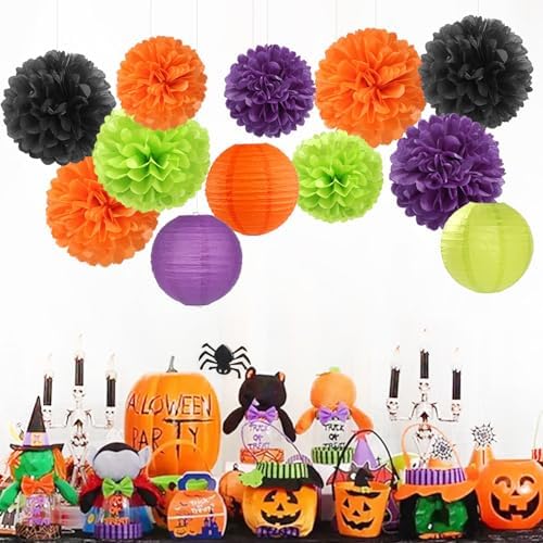 Black-Orange Purple Green Halloween Party-Decorations - 15PCS Paper Flowers Lanterns Tissue Pom Poms Streamers,Vintage Birthday Baby Shower Bachelorette Wedding Bathroom Hanging Supplies Decor Hugfond - Image 2