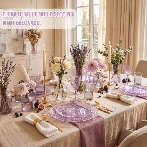 Rubtlamp 60Pcs Clear Purple Gold Plastic Plates, Purple Disposable Plates With Gold Rim, Hammered Plastic Plates Include 30 Clear Dessert Plates, 30 Dinner Plates for Party - Image 6