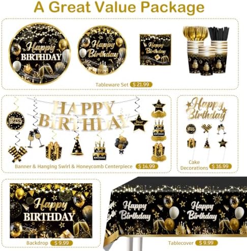206pcs Black and Gold Birthday Decorations Men Set, for 25 Guests - Image 3