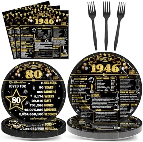 96Pcs 80th Birthday Plates and Napkins Back in 1946 Party Decorations Black Gold 80 Year Old Party Dessert Plates 1946 Birthday Tableware for 24 Guests 80th Theme Men Woman Bday Parties Supplies by CHUNNIN
