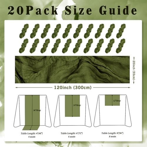 20 Pack Olive Green 10FT Cheesecloth Table Runner Rustic Gauze Cheese Cloth Table Runner for Wedding Bridal Baby Shower Table Decorations Boho Fabric Sheer Birthday Party Decor 20 x 120 Inch Long - Image 2