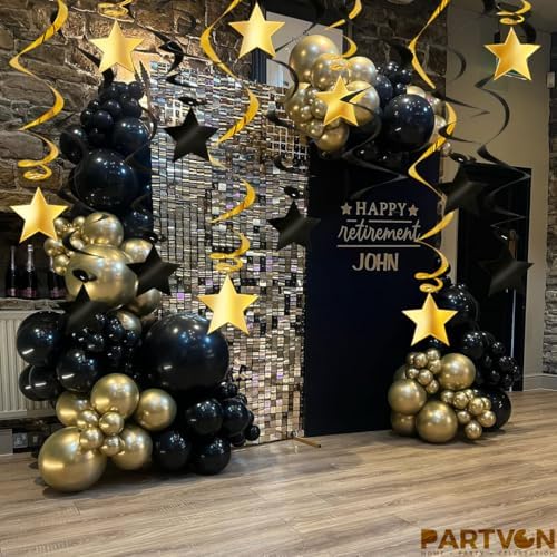 Black Gold Hanging Swirl Decorations - 32 Pcs Metallic Ceiling Swirls with Foil Stars, Plastic Streamers for Graduation 2026, Birthday, Wedding, New Year's Eve, Engagement Party Supplies - Image 5