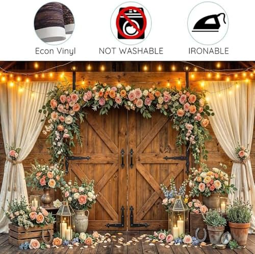 6x6ft Western Wedding Backdrop Rustic Barn Door Photography Backdrop Farmhouse Pink Flower Cabin Wooden Birthday Baby Shower Country Anniversary Bridal Party Banner Photo Booth Props Background - Image 7