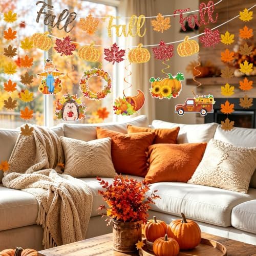 Fall Party Decorations Set Pre-Strung Fall Banner Glitter Autumn Garland Wall Decor Thanksgiving Harvest Pumpkin Maple Leaves Hanging Swirls Maple Leaves Strings for Office Classroom Home Indoor Decor - Image 7