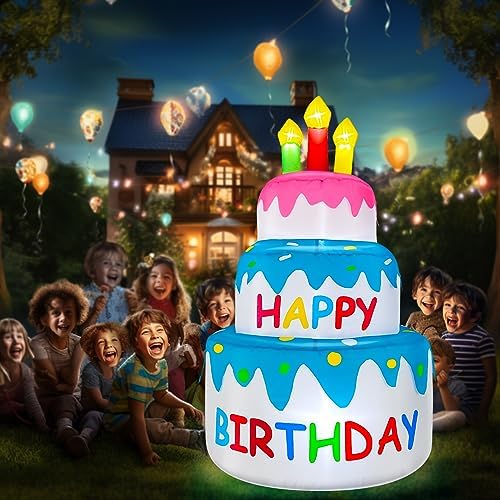 4 Ft Inflatable Happy Birthday Cake Decorations Outdoor Lighted Blow Up Holiday Birthday Party Decor with Candles 6 LED Lights for Indoor Home Celebration Garden Lawn Yard Prop Sign - Image 2