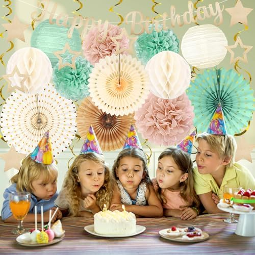 Sage-Green Champagne-Gold Birthday Party-Decorations - 29pcs Beige Retro Green Party Decorations for Women Girls, Happy Birthday Banner Paper Streamers Lanterns Tissue Pom Poms - ZERODECO - Image 5