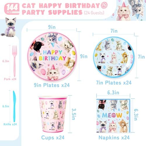 144PCS Cats Birthday Party Plates Set, Blue Pink Birthday Party Supplies - Image 2
