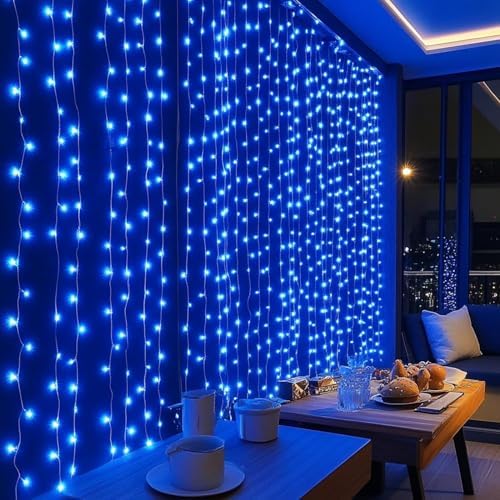 Dazzle Bright 300 LED Curtain String Lights, Christmas Fairy Lights for Bedroom with 8 Lighting Modes, Connectable Waterproof Window Lights Party Wedding Garden Wall Decor, Blue - Image 4