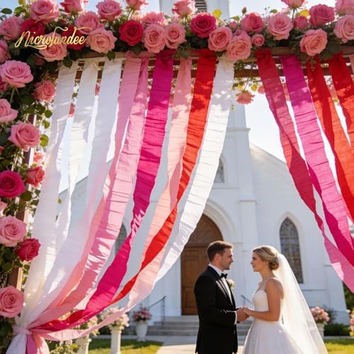 NICROLANDEE 5 Rolls Pink Red White Crepe Paper Streamers for Wedding, Birthday, Valentine's Day Decorations, Bachelorette, Bridal Baby Shower, Backdrop or Photo Booth - Image 5