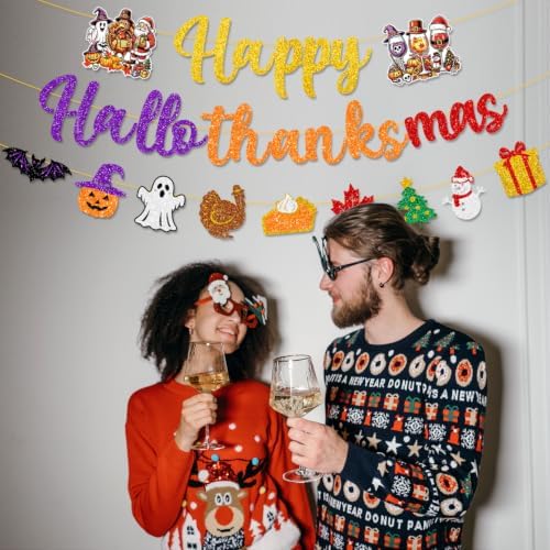 Colorful Glittery Happy Hallothanksmas Banner Holiday Party Decorations - Image 6