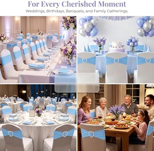 150PCS Spandex Stretch Chair Sashes with Buckle Slider, Elastic Chair Cover Bands Bows for Wedding Party Reception Events Universal Ceremony Banquet Decorations (Sky Blue) - Image 7