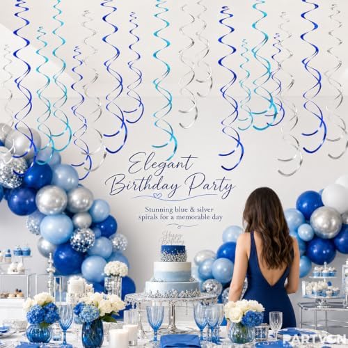 32 PCS Blue Lake Blue Silver Hanging Swirl Decorations, Sparkle Ceiling Swirls with Plastic Streamers for Graduation, Birthday, Wedding, Ocean Theme, Baby Shower, Winter, New Year - Image 2