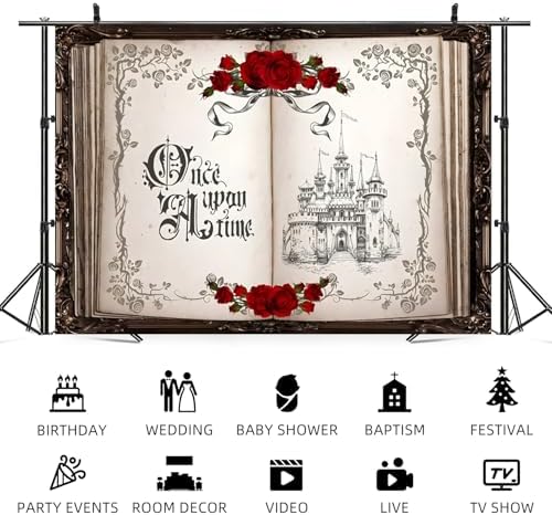 15x8ft Once Upon a Time Backdrop Princess Castle Wedding Party Photography Background Fairytale Book Romantic Story Red Roses Bridal Shower Decorations Birthday Portrait Photo Booth Prop - Image 5