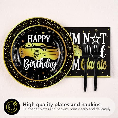 Greencian 96Pcs Classic Car Gold Black Birthday Decorations Serve 24 - Image 3