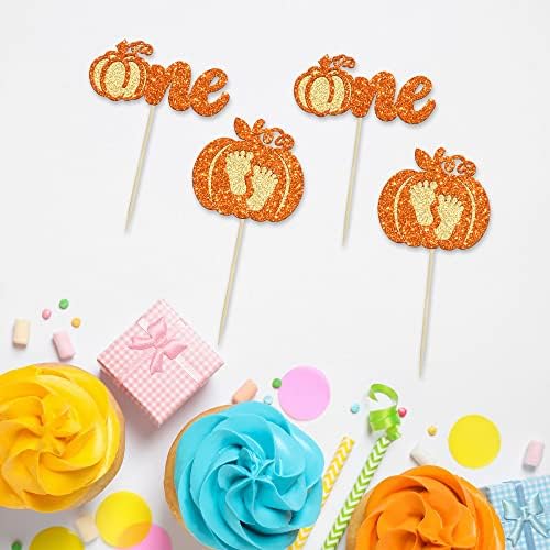24Pcs Pumpkin One Cupcake Toppers Glitter Pumpkin Birthday Baby Shower Party Decorations Pumpkin 1st Birthday Cake Decorations Fall 1st Birthday Party Cupcake Picks - Image 3