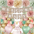 Pink Green Baby Shower Decorations Girls with Welcome Baby Banner, Paper Pom Poms, Sweet-Girl Baby Cake Topper, Retro Olive Pink Metallic Balloon Décor for Easter Jungle Safari Fairy Baby Shower Party by Unknown