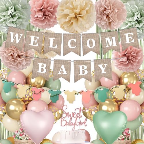 Pink Green Baby Shower Decorations Girls with Welcome Baby Banner, Paper Pom Poms, Sweet-Girl Baby Cake Topper, Retro Olive Pink Metallic Balloon Décor for Easter Jungle Safari Fairy Baby Shower Party by Unknown