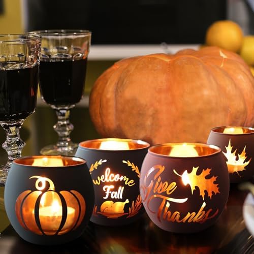 SHMILMH Thanksgiving Votive Candle Holder Set of 12, Glass Tealight Votives Holder with 6 Laser Engraving Patterns, Fall Table Centerpiece Indoor Outdoor Decor - Image 4