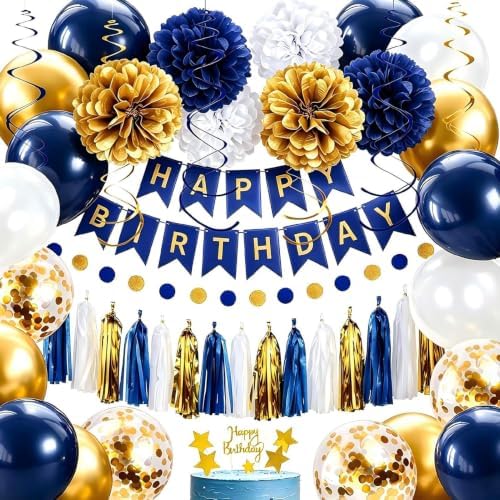 Birthday Decorations for Men, Navy Blue and Gold Party Decorations by YGYXMY