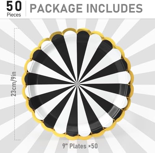 50 Pcs Black Party Paper Plates with Gold Scalloped Edge, Black Disposable 9 inch Scalloped Paper Dessert Plates Party Supplies for Birthday Bridal Shower Picnic, Striped - Image 3