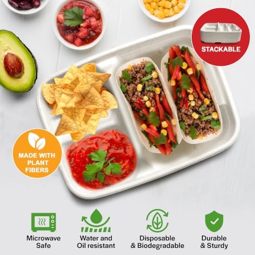 White Disposable Taco Plates for 2 Tacos & 2 Sides – 25 PACK | Premium Paper Plates with Dividers, Fiesta Taco Holder, Taco Stand for Taco Tuesday & Taco Bar Serving Set Taco Plates (25 Plates, White) - Image 5