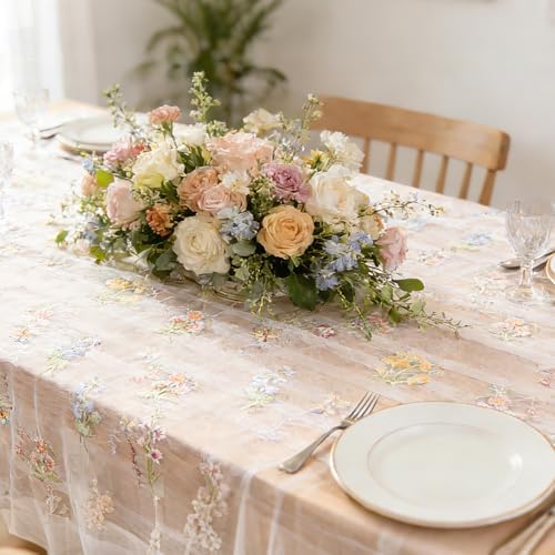 BINBE 3pcs Ivory Florals Table Runner Embroidery Gauze 10FT Daisy Seasonal Tulle Birthday Wedding Holiday Kitchen Dining Table Decor for Home Party - Image 5