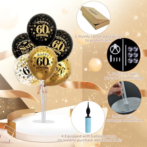 TONIFUL 4 Set Black Gold 60 Printed Balloon Stands for 60th Birthday Decor - Image 3