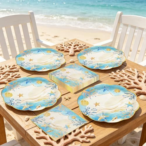 40Pcs Beach Coastal Sea Shell Scalloped Paper Plates and Napkins - Image 3