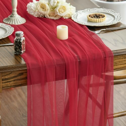 Artoid Mode 6PCS Red Gauze Table Runner 120 Inch 10FT, Seasonal Sheer Kitchen Dining Holiday Wedding Birthday Baby Shower Table Decor for Home Party by ArtoidMode