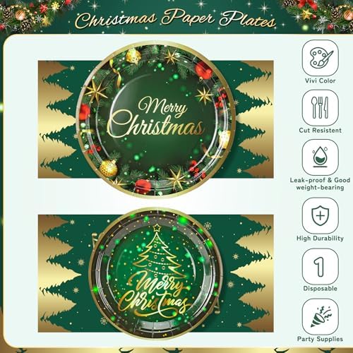 72PCS Christmas Plates and Napkins for Party Decorations, Set of 24 Merry Christmas Disposable Tableware Supplies,Green Gold Christma Tree Paper Plates for Christmas in July Party - Image 3