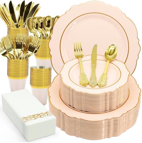 AIRE Pink Gold Plastic Plates Set, 350PCS Disposable Tableware for 50 by AIRE