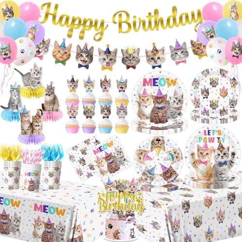 Cat Birthday Decorations,190pcs Cat Party Decorations cat Birthday Plates and Napkins Cups Tablecloth Cake Topper Hanging Swirls Centerpiece Balloon for Ca t Party Supplies by Unknown