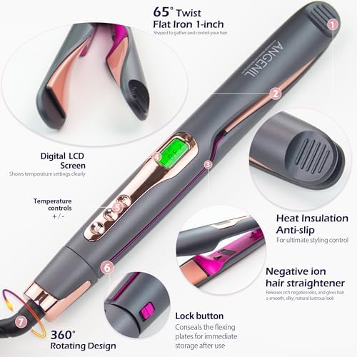 ANGENIL Pro Twist Ceramic Flat Iron 1 Inch, Dual Voltage Hair Straightener and Curler 2 in 1, Multi-Stylers Round Flat Iron Hair Curling Iron, Fast Heating LCD Display, 11 Adjustable Temp (250℉-450 ℉) - Image 2