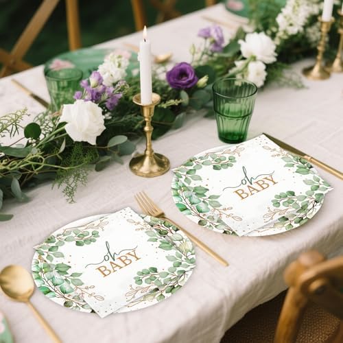 72pcs Oh Baby Eucalyptus Paper Plates and Napkins Set, 7inch Sage Greenery Baby Shower Party Plate Decorations Disposable Green Leaf Party Supplies for Boys or Girls Gender Reveal Birthday Baby Shower - Image 5