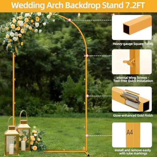 7.2 FT Wedding Arch Backdrop Stand, Gold Metal Arch Backdrop Stand for Wedding Party Ceremony Birthday Bridal Baby Shower Photo Booth Garden Floral Balloon Arches Decoration - Image 3