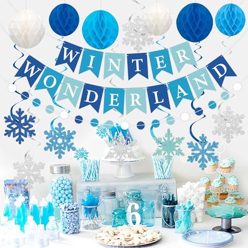 Winter Wonderland Party Decoration Winter Wonderland Banner with Pre-Strung Snowflake Hanging Swirls Blue White Honeycomb Balls Circle Dots Garland for Christmas Holiday Birthday Party Decoration - Image 5