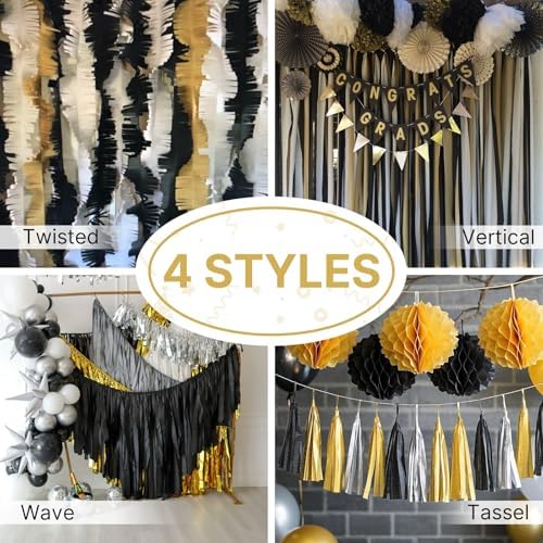 PartyWoo Black Gold Silver Crepe Paper Streamers 4 Rolls 328 ft Pack of Black Metallic Silver Gold Crepe Paper for Graduation New Year Birthday Party Decorations (1.8 Inch x 82 Ft/Roll) - Image 5