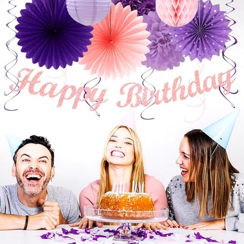 Purple Lilac-Lavender Pink Women Birthday Party-Decorations - 21pcs Happy Banner,Paper Lanterns Honeycomb,Tissue Pom Poms Flower Fan,Classroom Hanging Streamers Garland,Girls Decor Supplies Huglony - Image 4