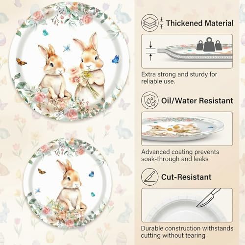 75 Pcs Easter Bunny Party Supplies，Disposable Easter Paper Plates & Napkins for 25 Guests, Thickened Material, Clear Print with Cute Bunny Flowers Spring Easter Tableware for Easter Party Decorations - Image 3
