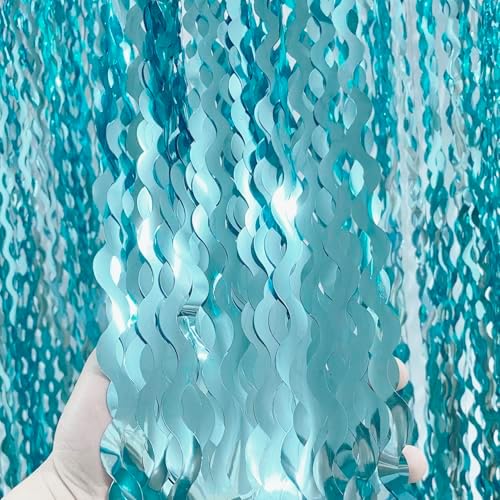 GOER 6.4 ft x 7.22 ft Metallic Tinsel Foil Fringe Curtains,Pack of 2 Party Streamer Backdrop for Birthday,Graduation Decorations and New Year Eve (Wavy Light Blue) by GOER