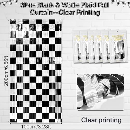 6 Pack 3.3Ft x 6.6Ft Race Car Checkered Foil Fringe Curtain Backdrop Decorations, Black White Metallic Tinsel Foil Streamers Curtain Photo Booth for Race Car One Happy Dude Birthday Party Decorations - Image 2