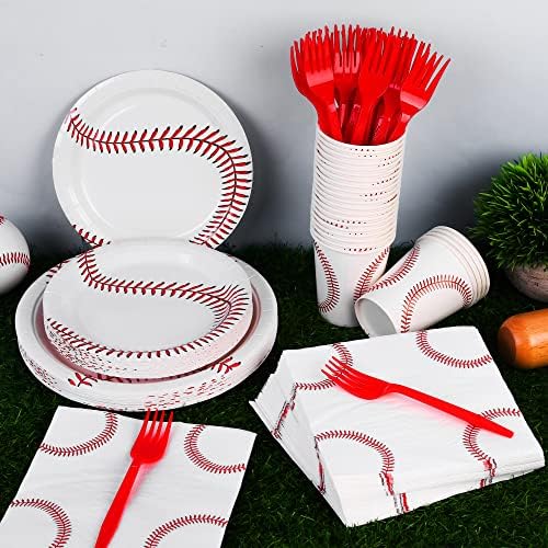 durony 144 Pieces Baseball Paper Plates and Napkins Dinnerware Set Baseball Birthday Party Tableware Supplies Includes Paper Plates Napkins Forks Serve 24 for Sports Baseballs Party Supplies - Image 5