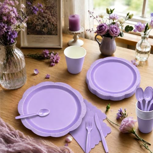 350 Pcs Lavender Party Supplies for 50 Guests, Elegant Paper Plates and Napkins Set with Cutlerys, Thickened 7'' & 9'' Decagonal Plates for Bridal Shower Tea Party Birthday - Image 4