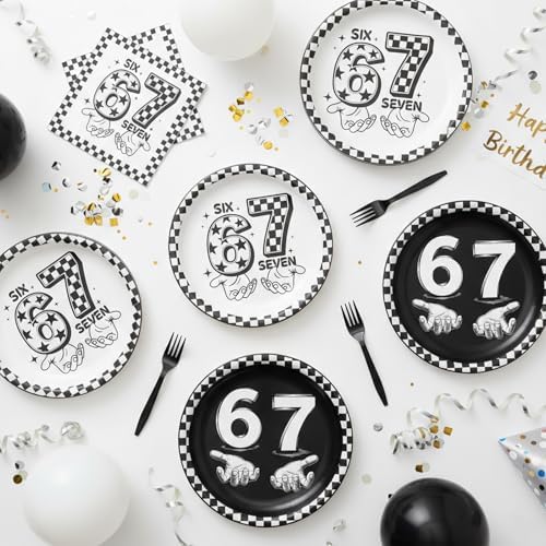 6 7 Birthday Decorations - 96 Pcs 6 7 Birthday Theme Party Plates Napkins Forks Tableware Set Decor, Black 67 Meme Party Dinnerware Supplies for Teens Adults Serves 24 - Image 5