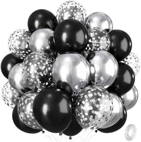 Black and Silver Balloons, 12 Inch Metallic Chrome Black Silver Confetti Latex Helium Balloons for Men Boys Birthday Baby Shower Wedding Engagement Halloween New Year Bachelorette Party Decorations by Isndare