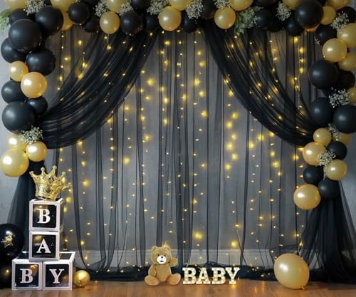 Black Tulle Backdrop Curtain with Lights String for Parites 20ft×10ft Black Sheer Backdrop Curtains for Baby Shower Wedding Bridal Shower Birthday Party Photo Shoot Decorations(4 Panels 5×10ft) - Image 3